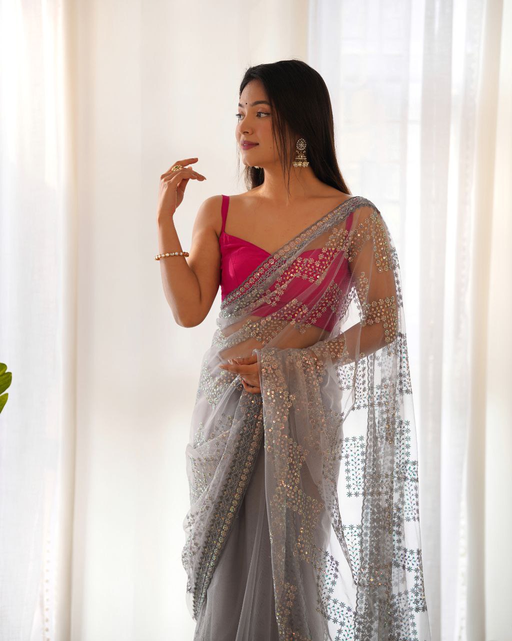 Teeya Creation Grey Color Butterfly Net Heavy Work Saree - Distacart