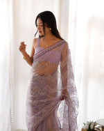 Thumbnail for Teeya Creation Light Lavender Color Butterfly Net Heavy Work Saree - Distacart