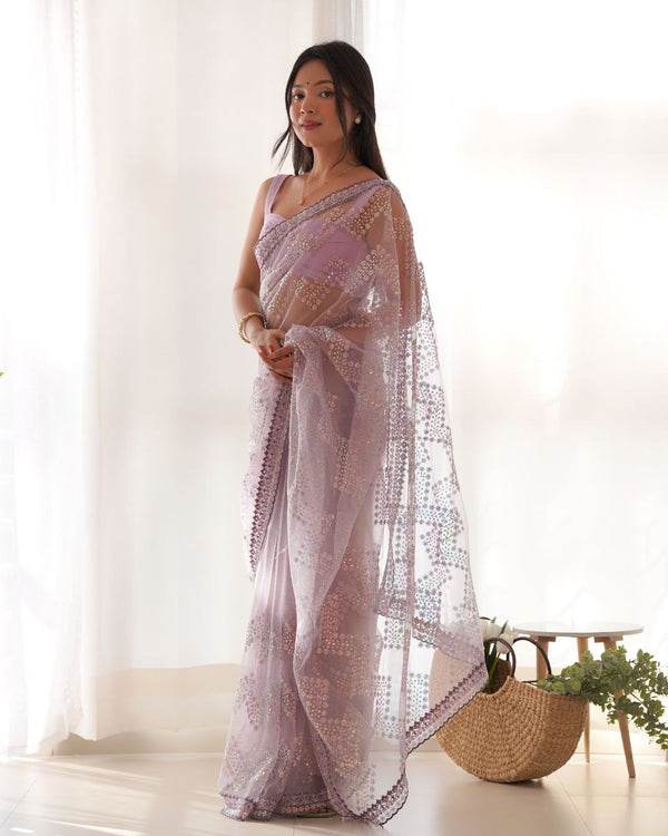 Teeya Creation Light Lavender Color Butterfly Net Heavy Work Saree - Distacart