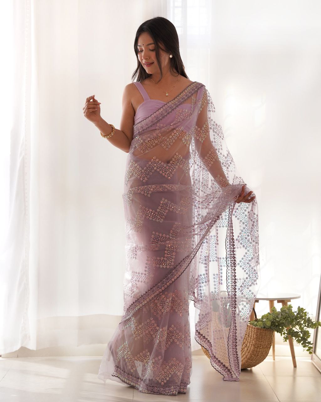 Teeya Creation Light Lavender Color Butterfly Net Heavy Work Saree - Distacart