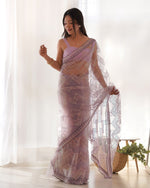 Thumbnail for Teeya Creation Light Lavender Color Butterfly Net Heavy Work Saree - Distacart