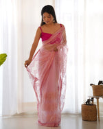 Thumbnail for Teeya Creation Pink Color Butterfly Net Heavy Work Saree - Distacart