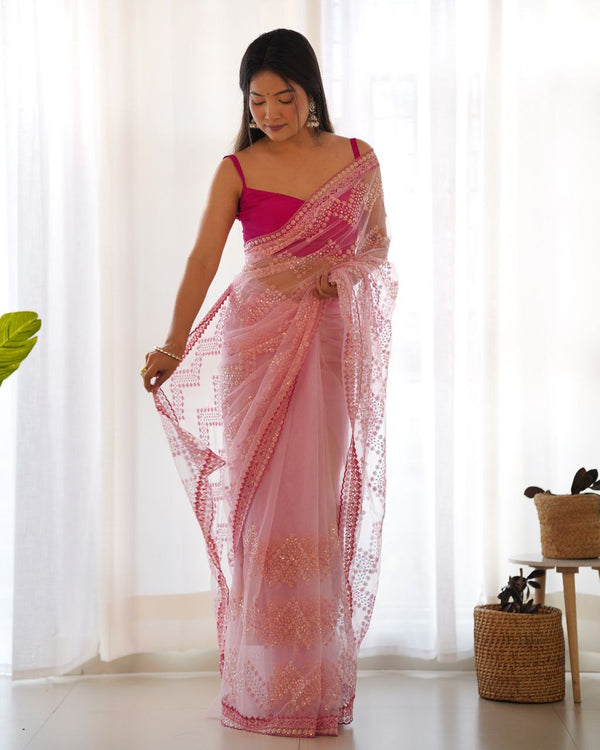 Teeya Creation Pink Color Butterfly Net Heavy Work Saree - Distacart