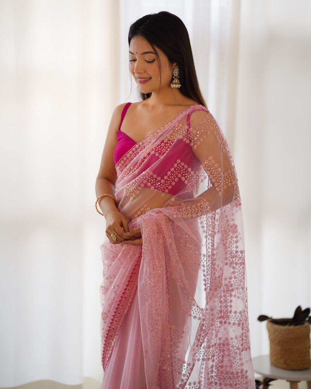 Teeya Creation Pink Color Butterfly Net Heavy Work Saree - Distacart