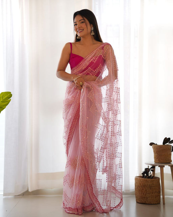 Teeya Creation Pink Color Butterfly Net Heavy Work Saree - Distacart