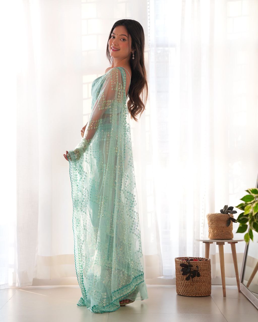 Teeya Creation Light Sky Color Butterfly Net Heavy Work Saree - Distacart