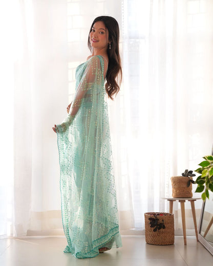 Teeya Creation Light Sky Color Butterfly Net Heavy Work Saree - Distacart