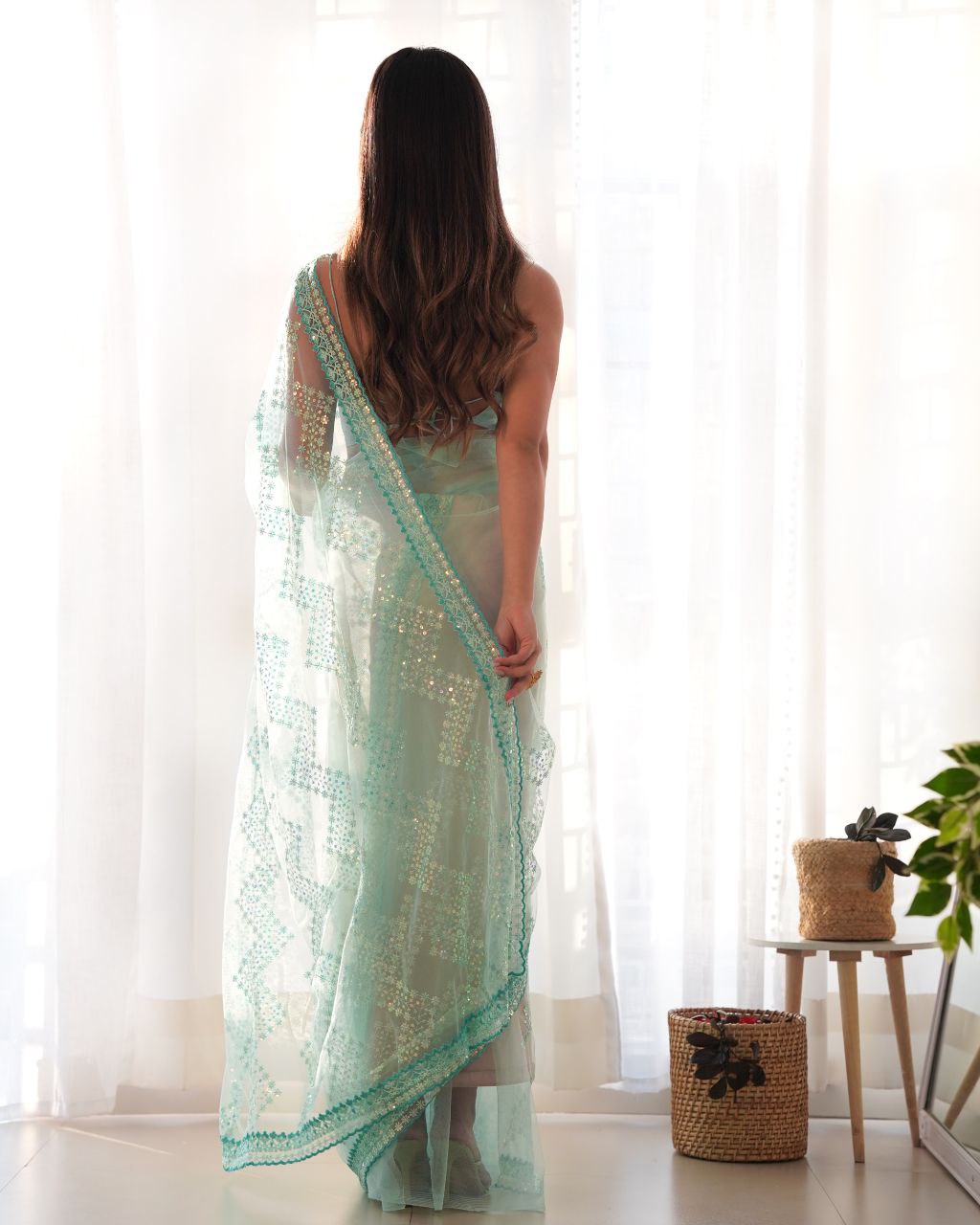 Teeya Creation Light Sky Color Butterfly Net Heavy Work Saree - Distacart