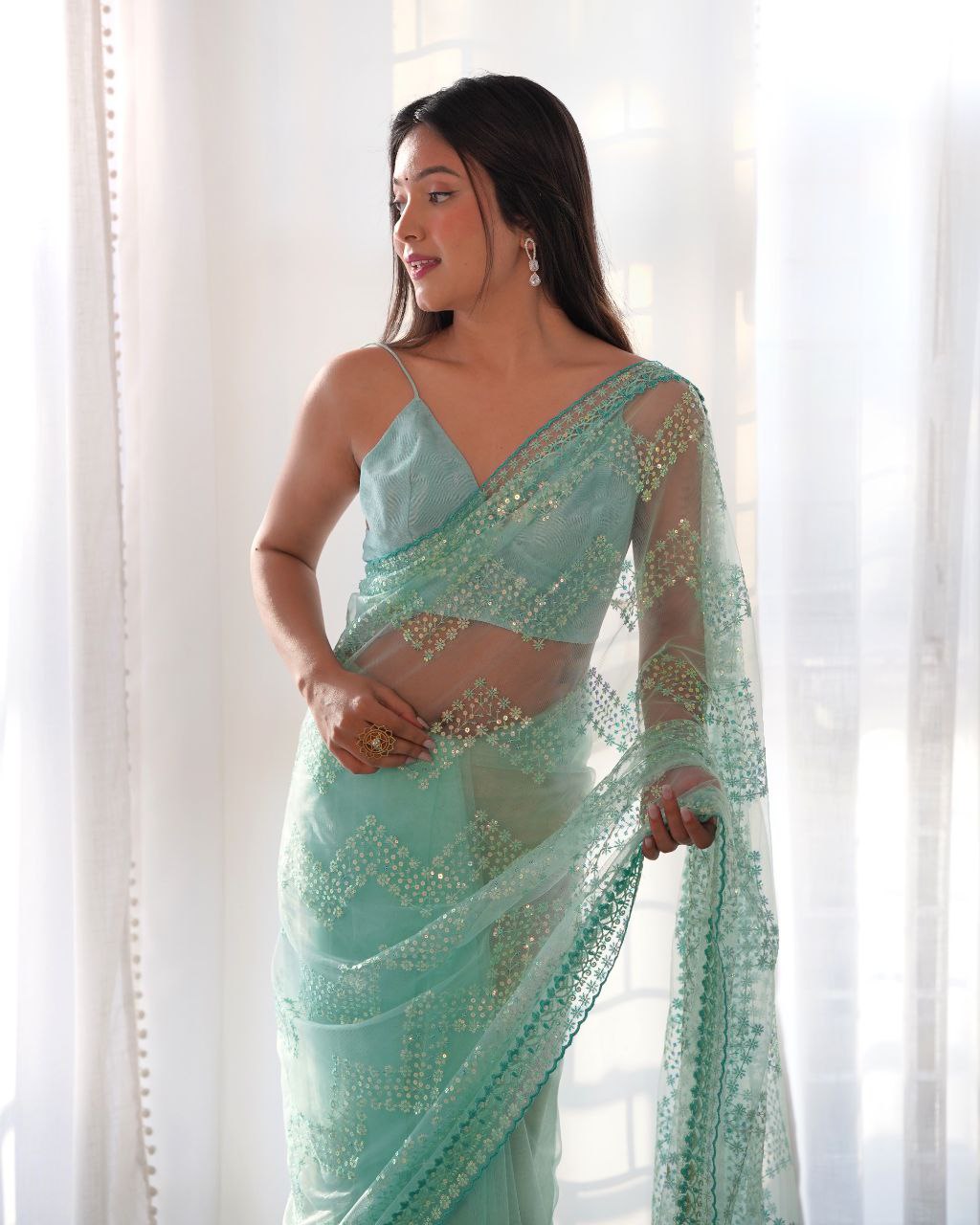 Teeya Creation Light Sky Color Butterfly Net Heavy Work Saree - Distacart