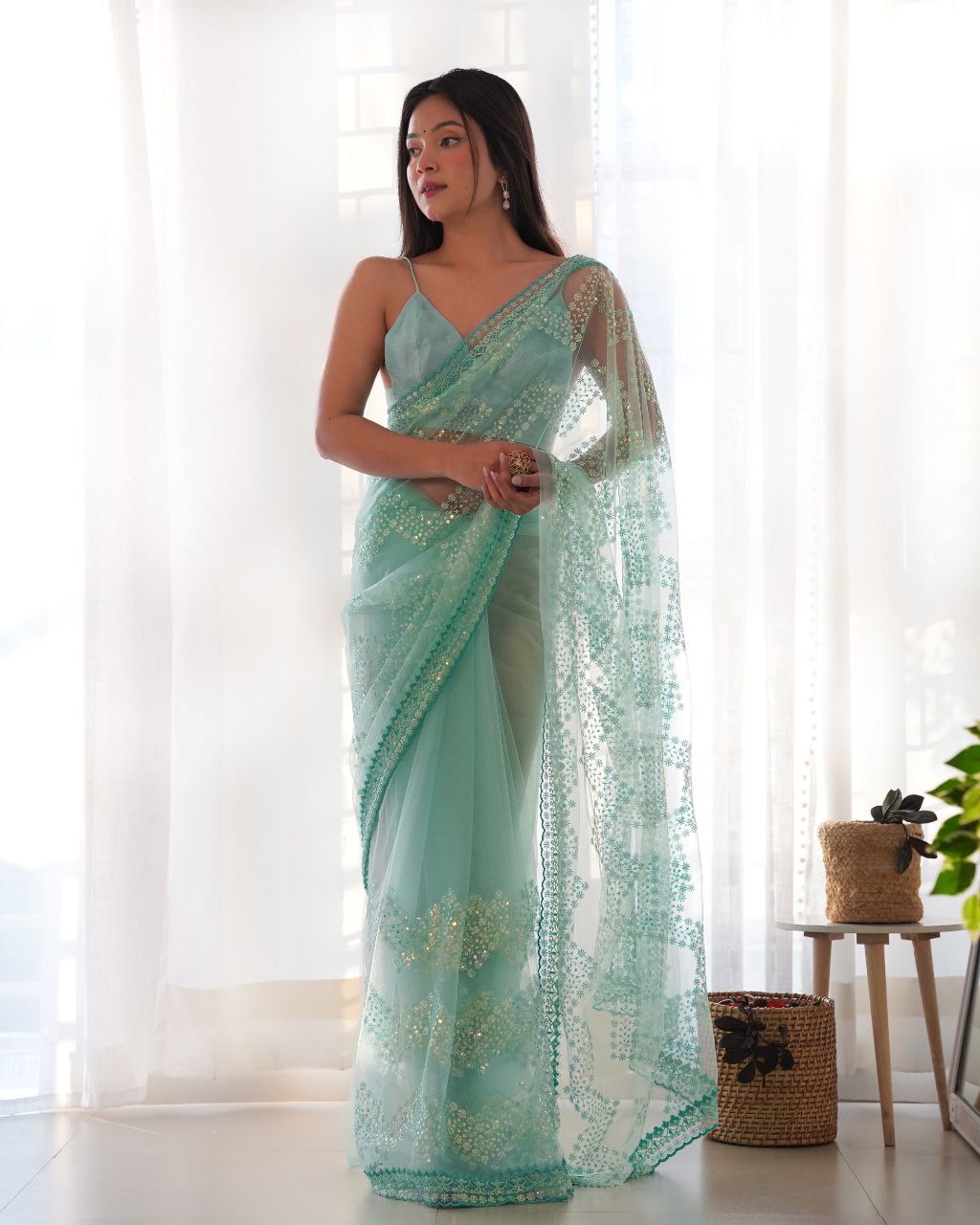 Teeya Creation Light Sky Color Butterfly Net Heavy Work Saree - Distacart