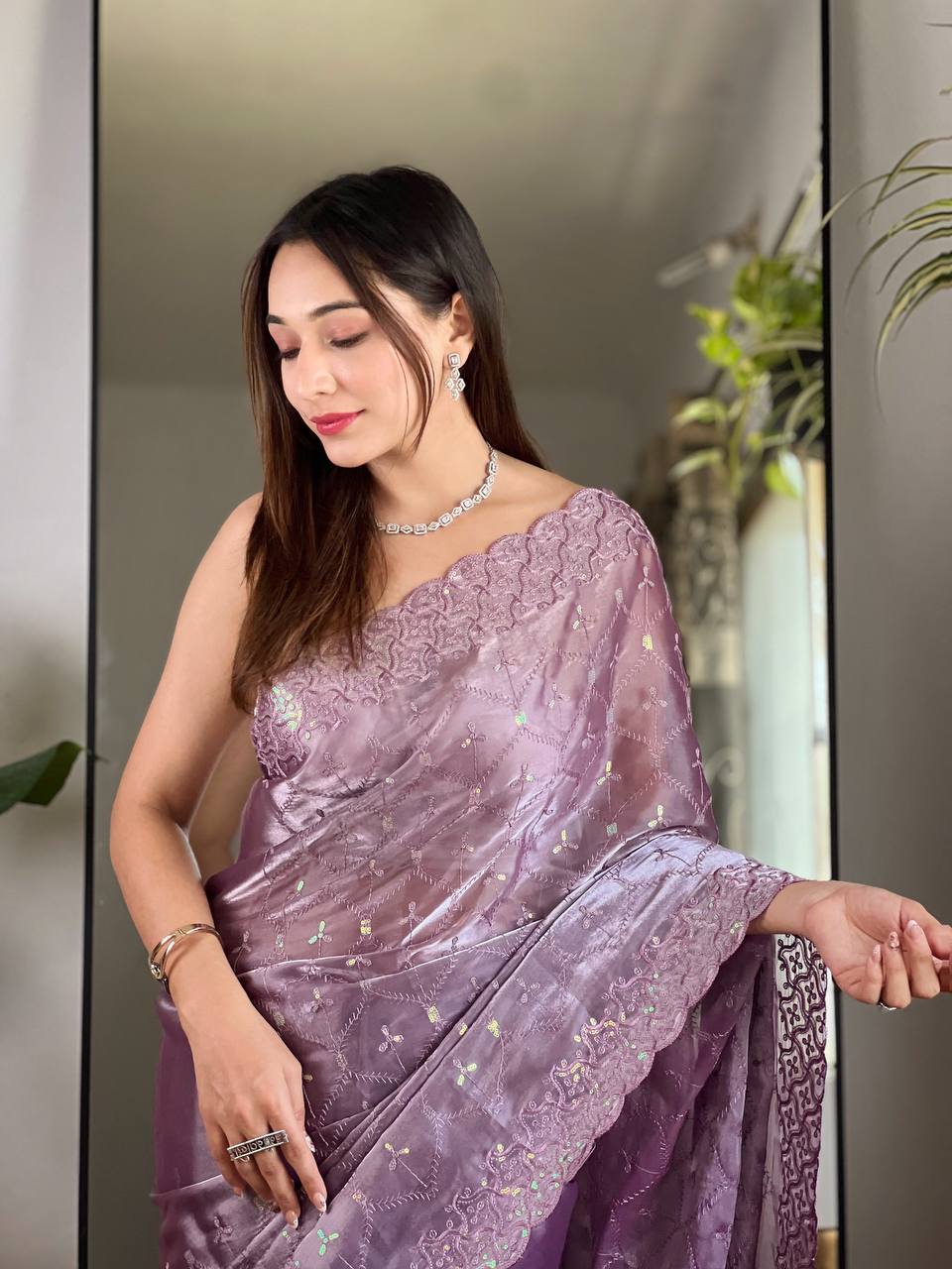 Teeya Creation Lavender Color Zimichhu Silk Heavy Sequence embroidery Work Saree - Distacart