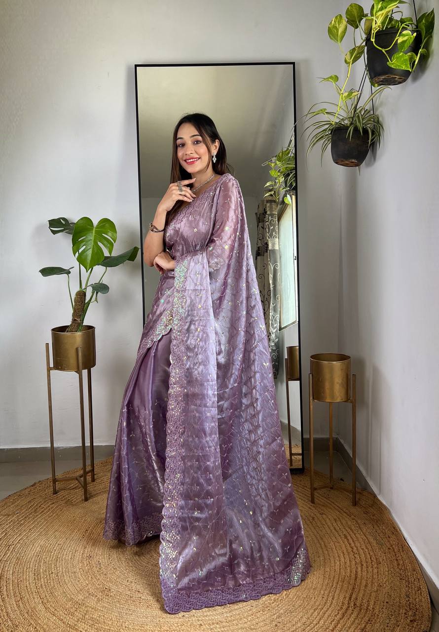 Teeya Creation Lavender Color Zimichhu Silk Heavy Sequence embroidery Work Saree - Distacart