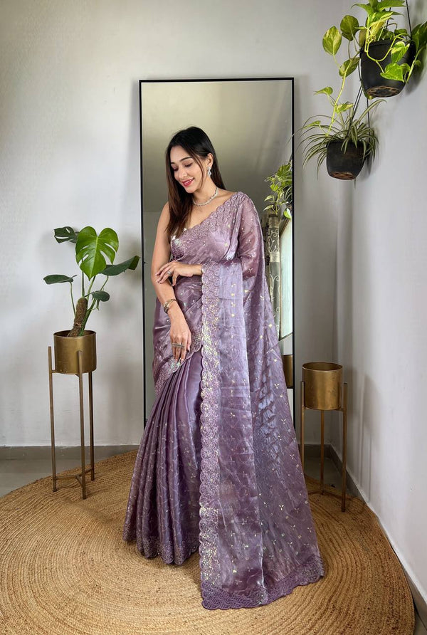 Teeya Creation Lavender Color Zimichhu Silk Heavy Sequence embroidery Work Saree - Distacart