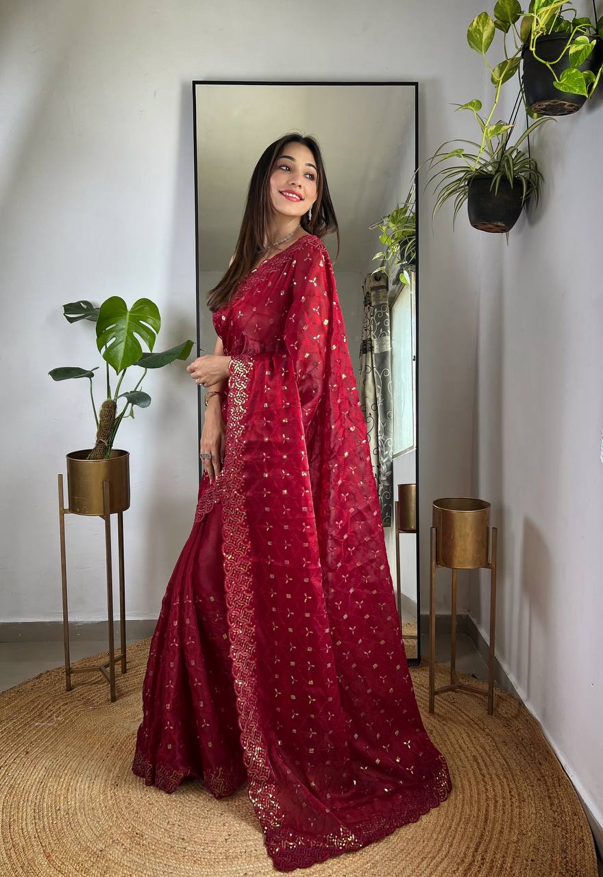 Teeya Creation Maroon Color Zimichhu Silk Heavy Sequence embroidery Work Saree - Distacart