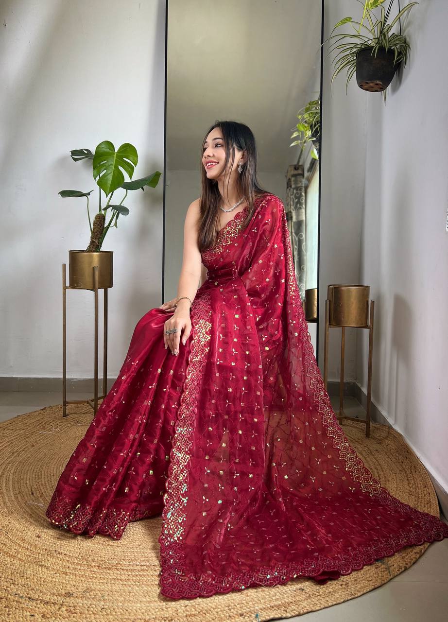 Teeya Creation Maroon Color Zimichhu Silk Heavy Sequence embroidery Work Saree - Distacart