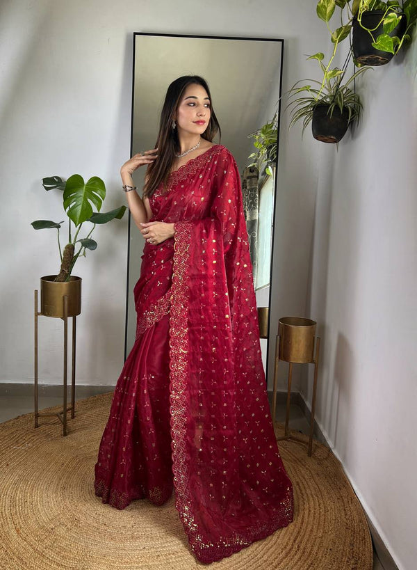 Teeya Creation Maroon Color Zimichhu Silk Heavy Sequence embroidery Work Saree - Distacart