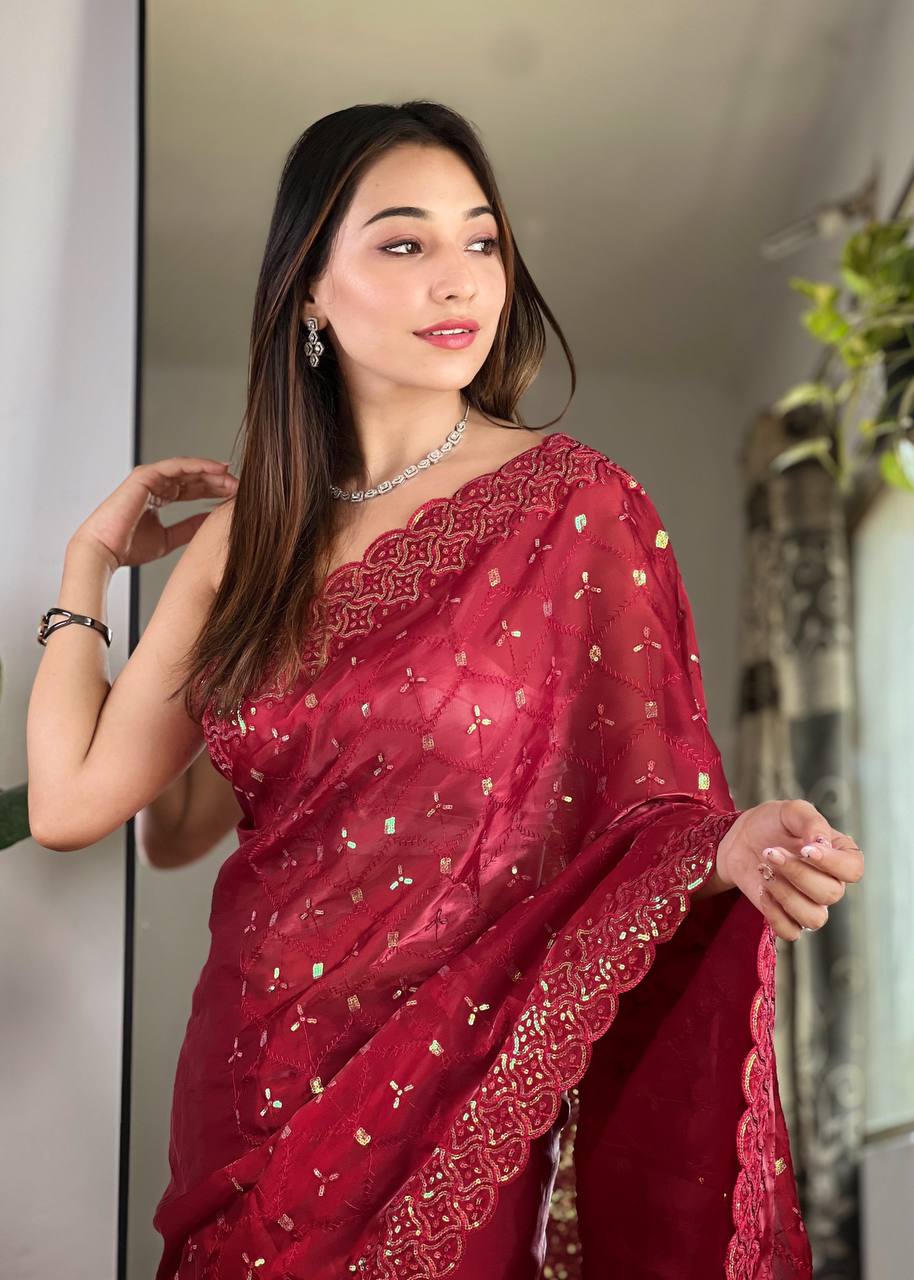 Teeya Creation Maroon Color Zimichhu Silk Heavy Sequence embroidery Work Saree - Distacart