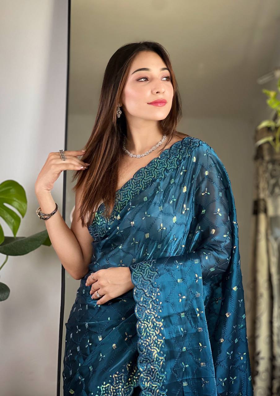 Teeya Creation More Peach Color Zimichhu Silk Heavy Sequence embroidery Work Saree - Distacart