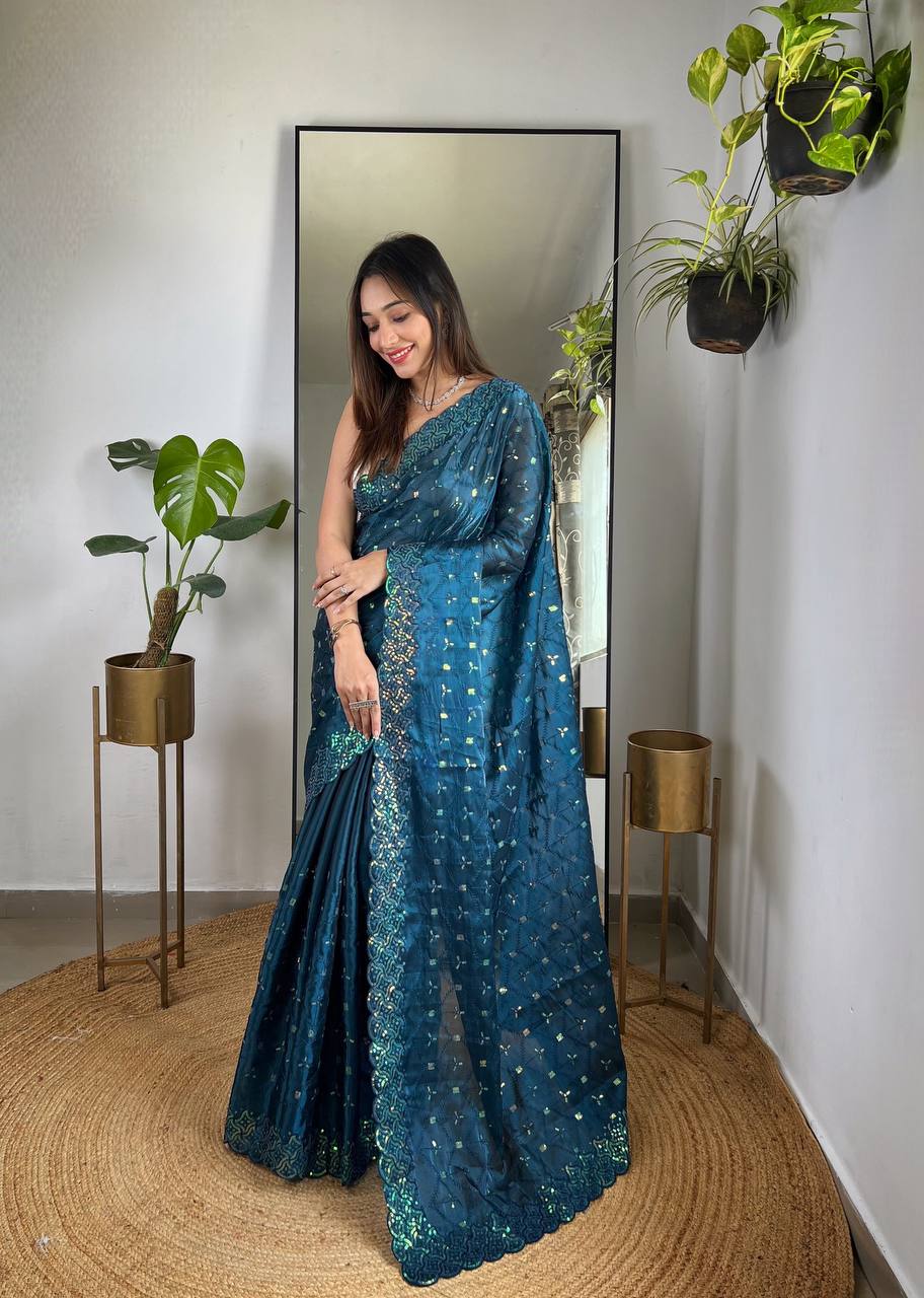 Teeya Creation More Peach Color Zimichhu Silk Heavy Sequence embroidery Work Saree - Distacart