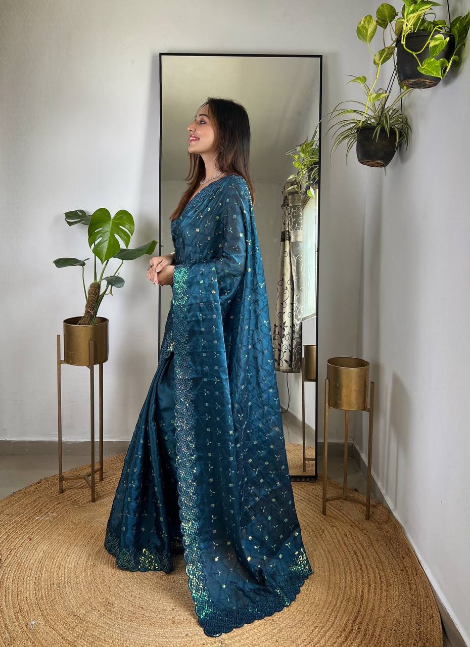 Teeya Creation More Peach Color Zimichhu Silk Heavy Sequence embroidery Work Saree - Distacart