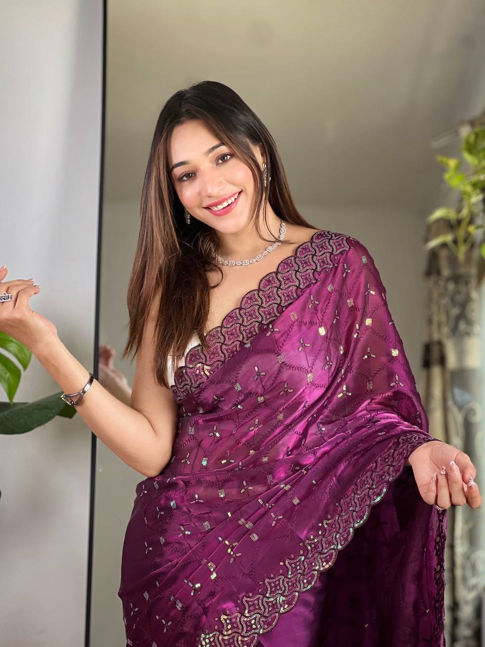 Teeya Creation Wine Color Zimichhu Silk Heavy Sequence embroidery Work Saree - Distacart