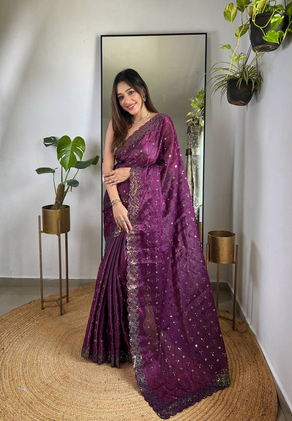 Teeya Creation Wine Color Zimichhu Silk Heavy Sequence embroidery Work Saree - Distacart