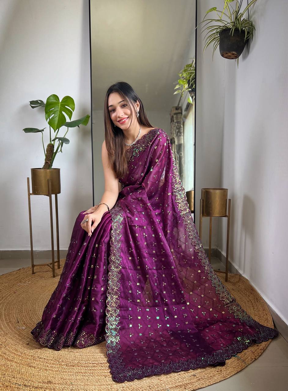 Teeya Creation Wine Color Zimichhu Silk Heavy Sequence embroidery Work Saree - Distacart
