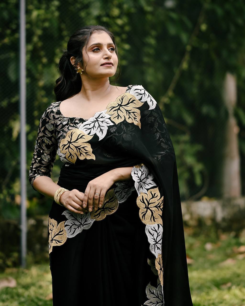 Teeya Creation Black Color Satin Chinon Silk Embroidery Work Saree - Distacart