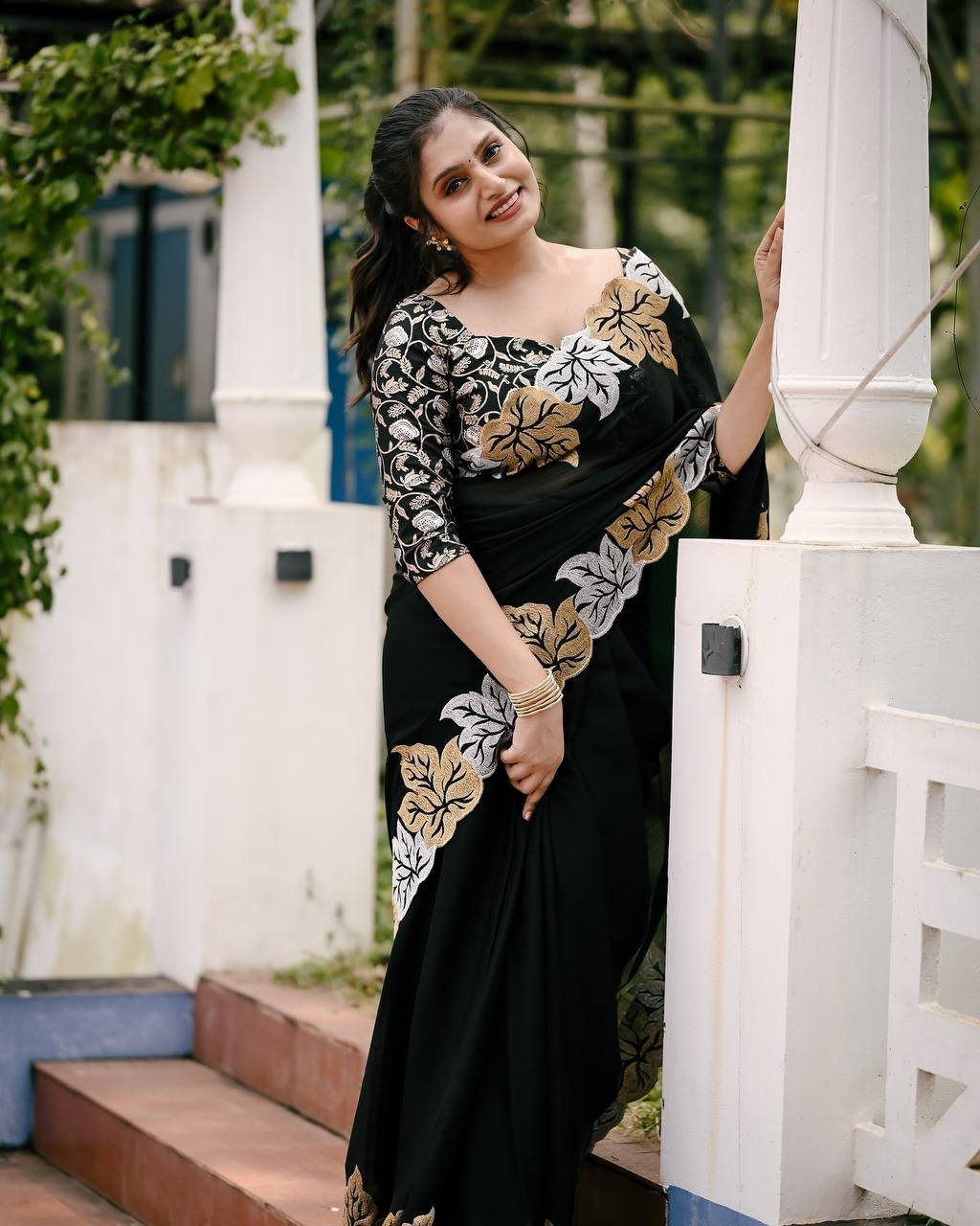 Teeya Creation Black Color Satin Chinon Silk Embroidery Work Saree - Distacart