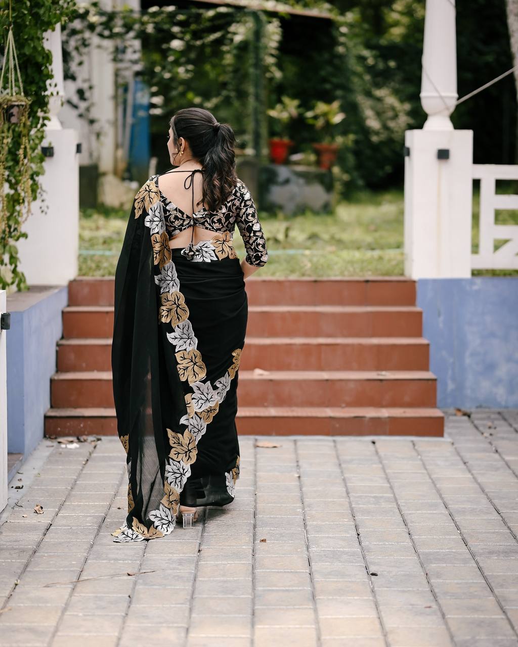Teeya Creation Black Color Satin Chinon Silk Embroidery Work Saree - Distacart