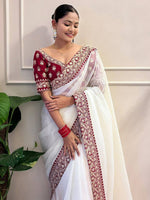 Thumbnail for Teeya Creation White Color Banarasi Crush Silk Heavy Lace Work Saere - Distacart