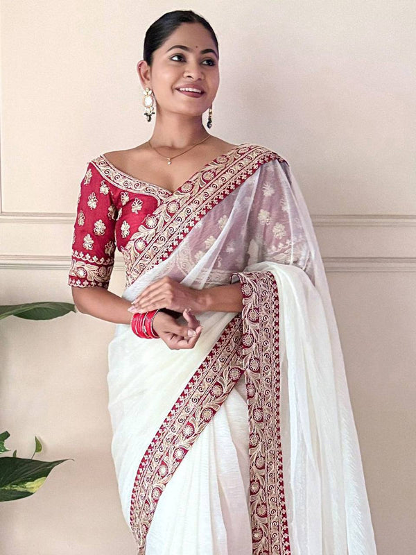 Teeya Creation White Color Banarasi Crush Silk Heavy Lace Work Saere - Distacart