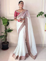 Thumbnail for Teeya Creation White Color Banarasi Crush Silk Heavy Lace Work Saere - Distacart