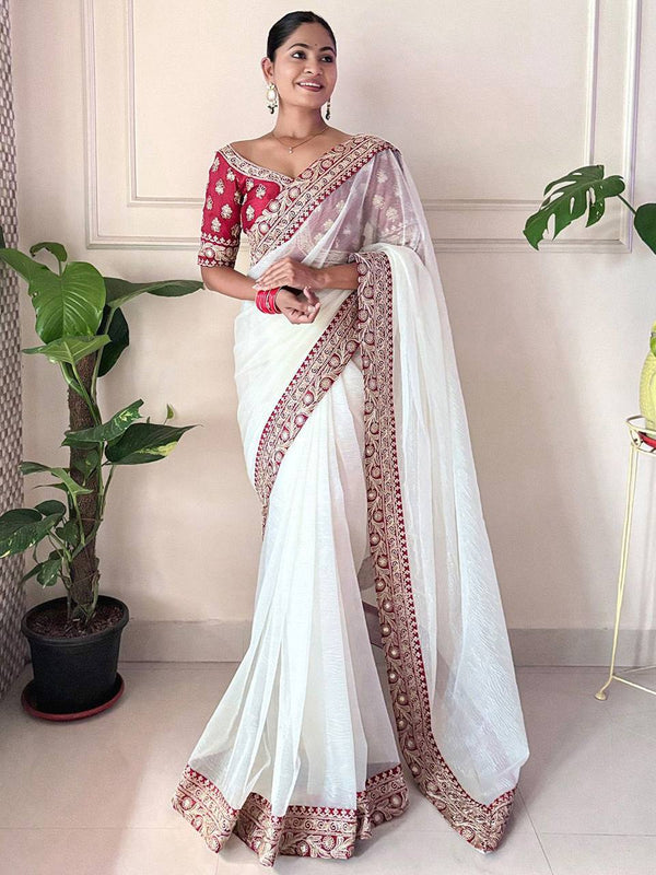 Teeya Creation White Color Banarasi Crush Silk Heavy Lace Work Saere - Distacart