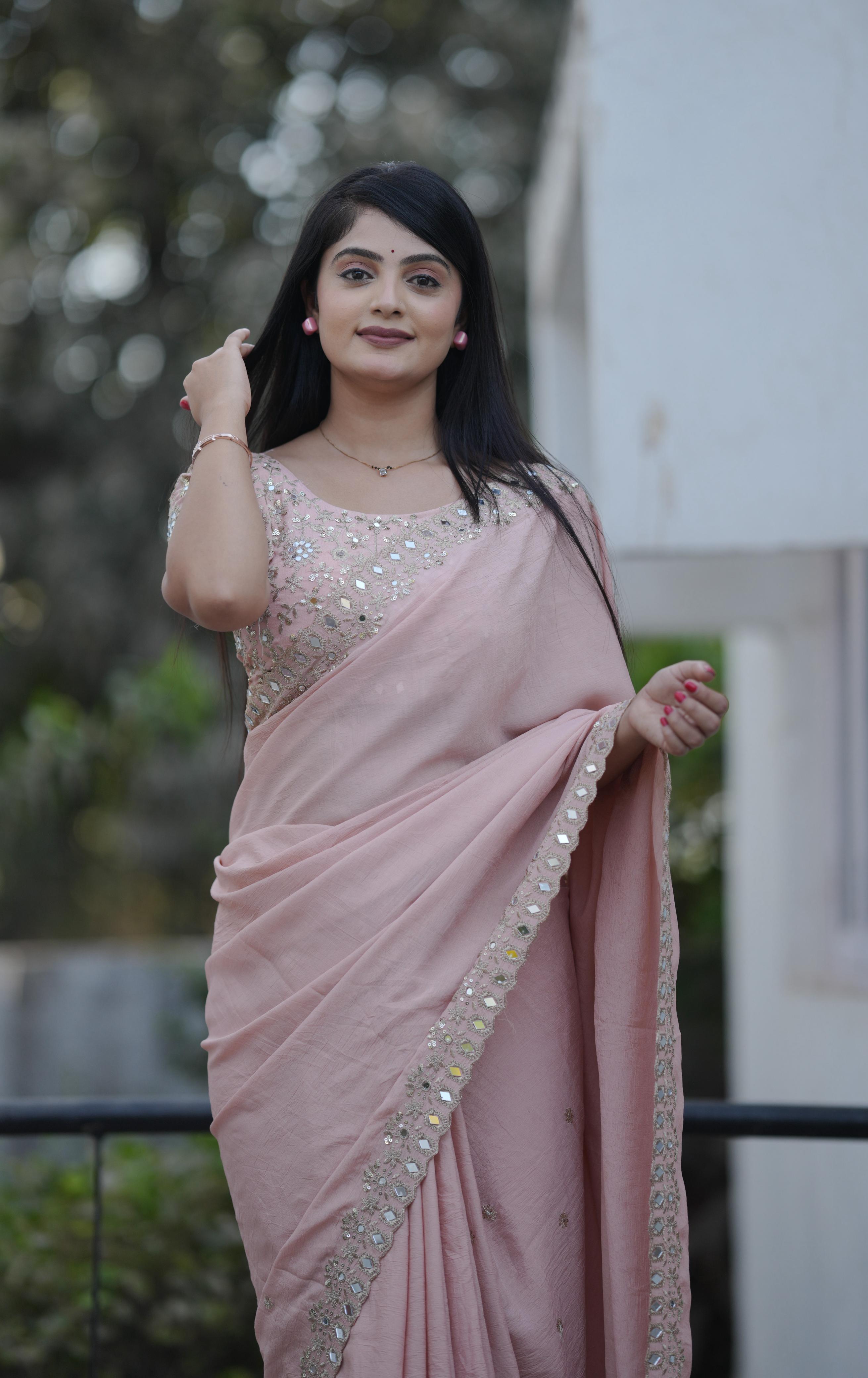 Teeya Creation Peach Platinum Crush Silk Embroidery With Real Mirror Work Saree - Distacart