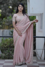 Thumbnail for Teeya Creation Peach Platinum Crush Silk Embroidery With Real Mirror Work Saree - Distacart