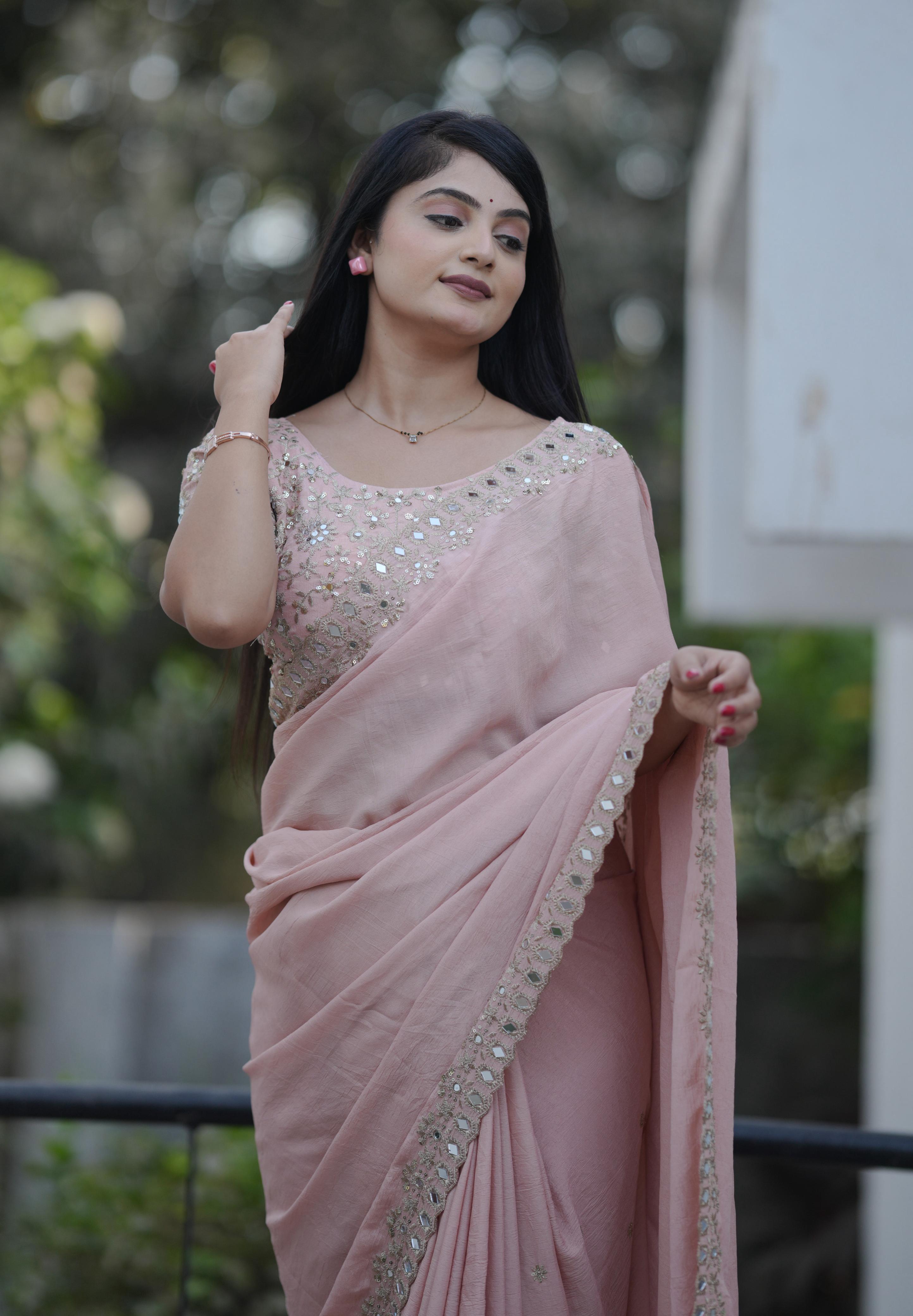 Teeya Creation Peach Platinum Crush Silk Embroidery With Real Mirror Work Saree - Distacart