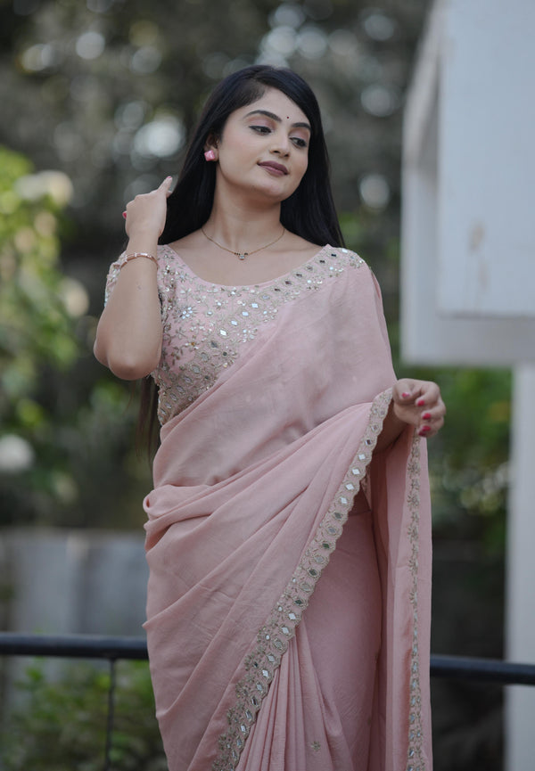 Teeya Creation Peach Platinum Crush Silk Embroidery With Real Mirror Work Saree - Distacart