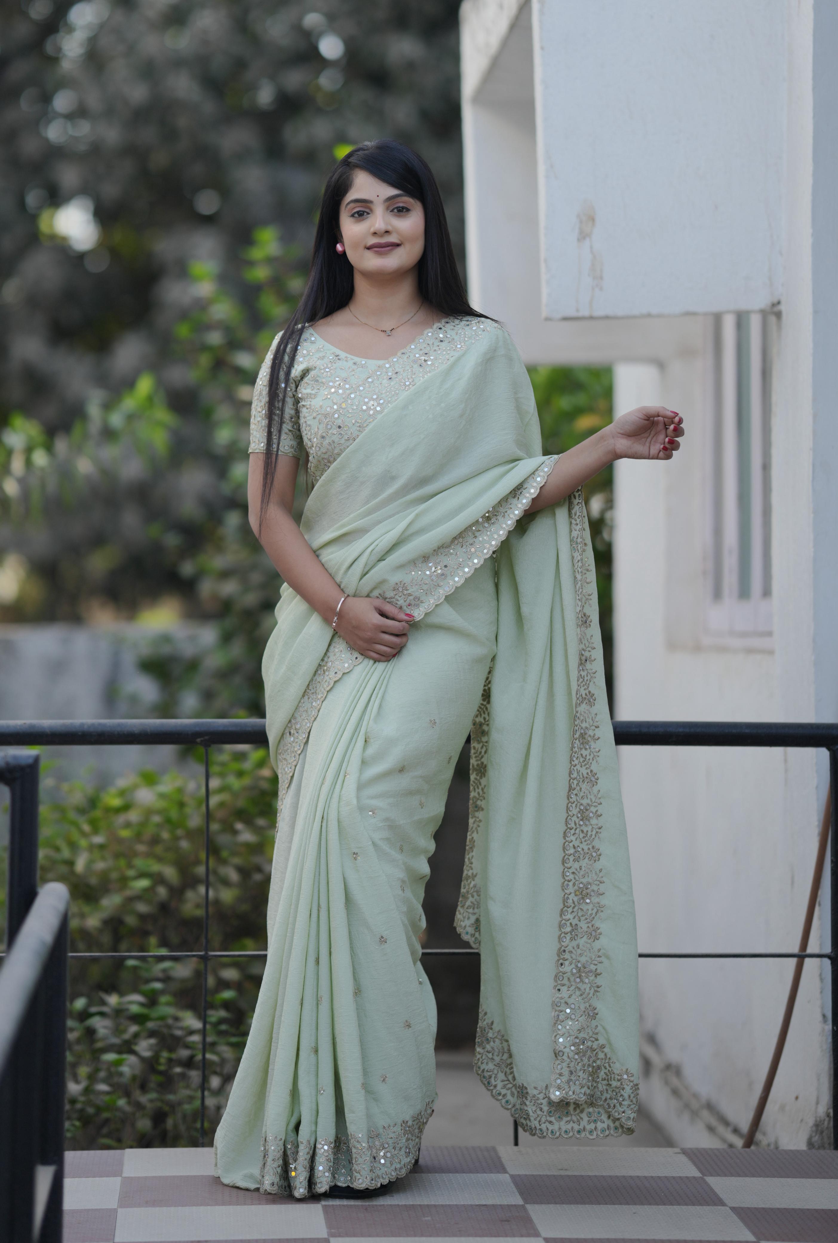 Teeya Creation Pista Platinum Crush Silk Embroidery With Real Mirror Work Saree - Distacart