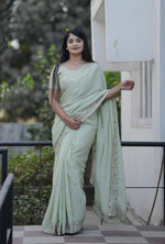 Thumbnail for Teeya Creation Pista Platinum Crush Silk Embroidery With Real Mirror Work Saree - Distacart