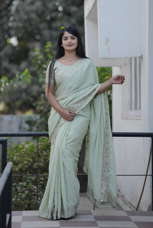 Teeya Creation Pista Platinum Crush Silk Embroidery With Real Mirror Work Saree - Distacart