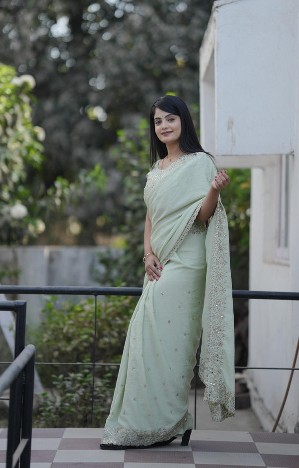 Teeya Creation Pista Platinum Crush Silk Embroidery With Real Mirror Work Saree - Distacart