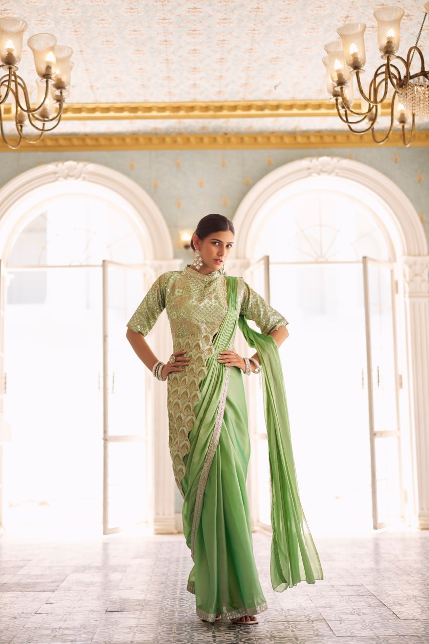 Teeya Creation Green Color Chinnon Silk Embroidery Work Ready To Wear Saree With Stitched blouse - Distacart
