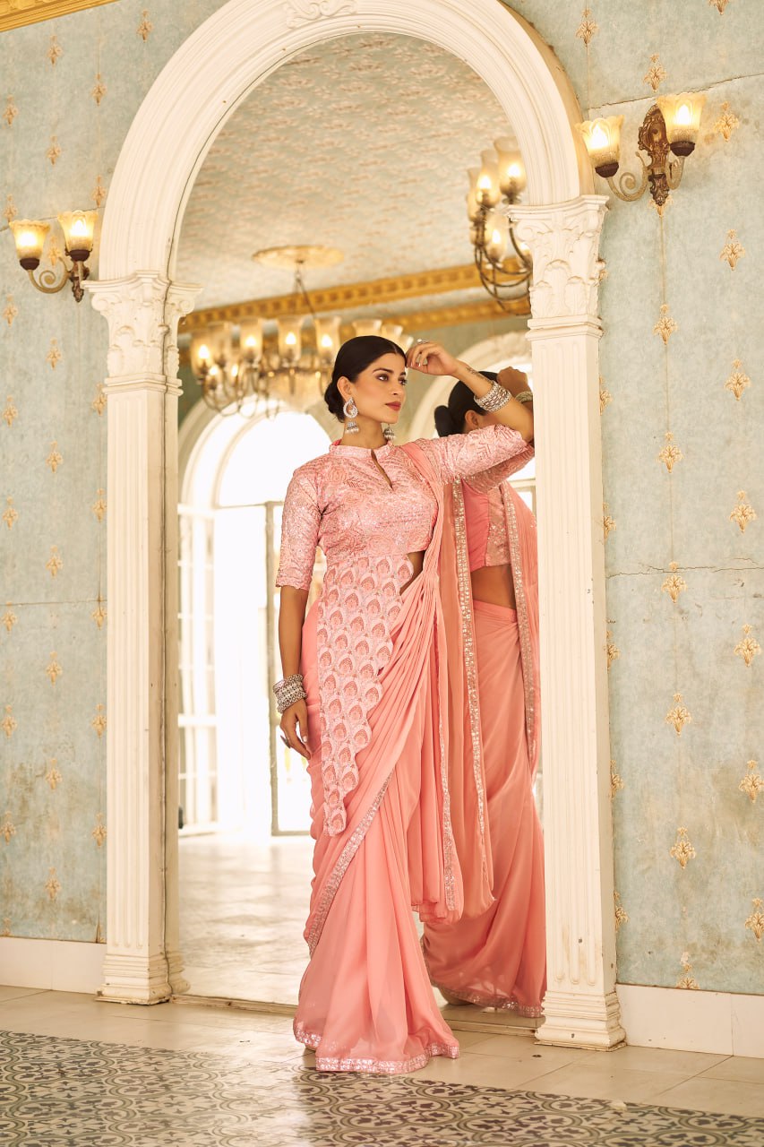 Teeya Creation Peach Color Chinnon Silk Embroidery Work Ready To Wear Saree With Stitched blouse - Distacart