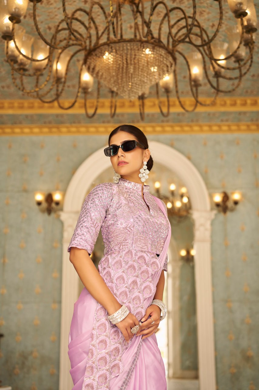 Teeya Creation Pink Color Chinnon Silk Embroidery Work Ready To Wear Saree With Stitched blouse - Distacart