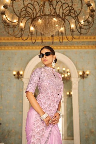 Teeya Creation Pink Color Chinnon Silk Embroidery Work Ready To Wear Saree With Stitched blouse - Distacart