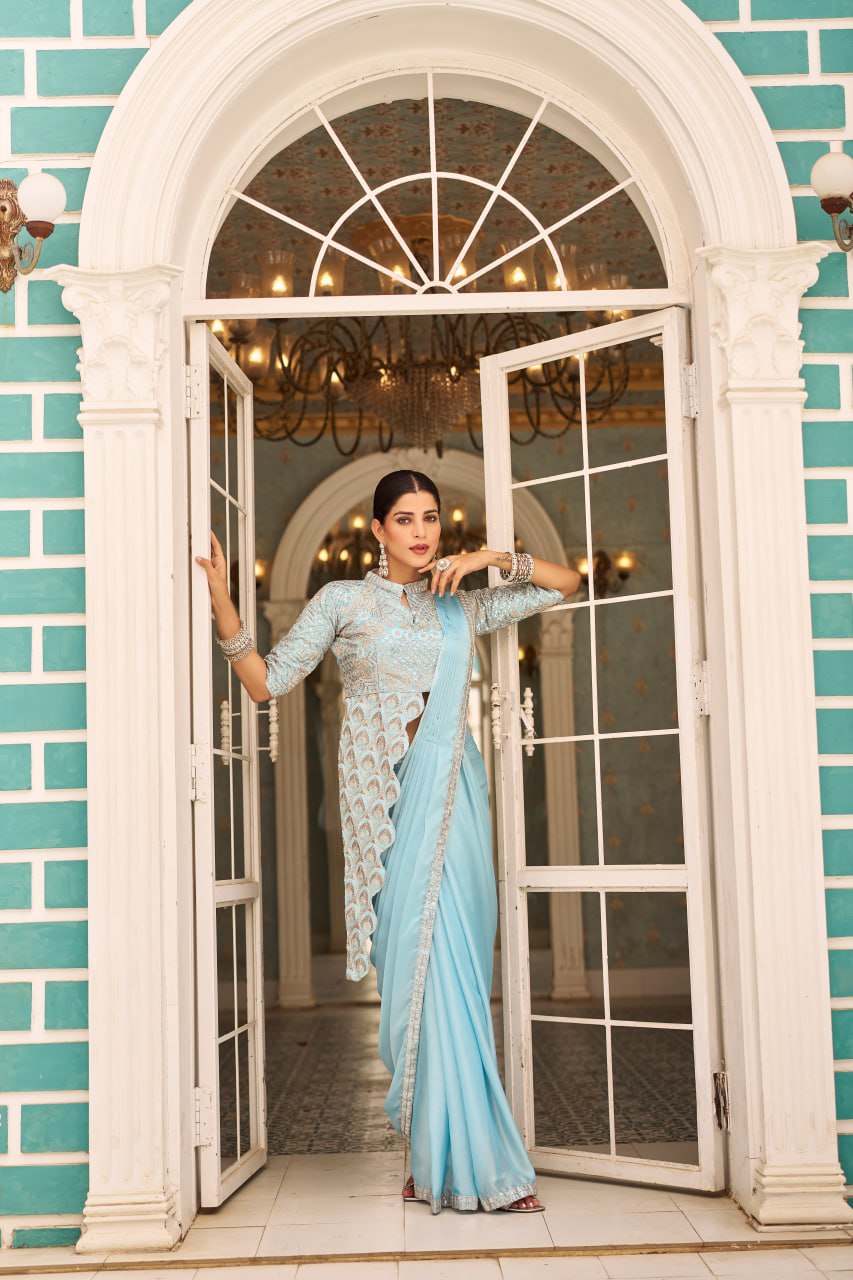 Teeya Creation Sky Color Chinnon Silk Embroidery Work Ready To Wear Saree With Stitched blouse - Distacart
