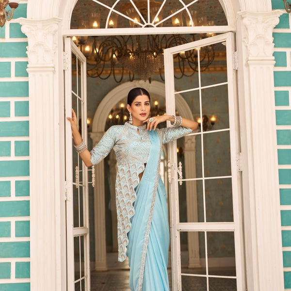 Teeya Creation Sky Color Chinnon Silk Embroidery Work Ready To Wear Saree With Stitched blouse - Distacart