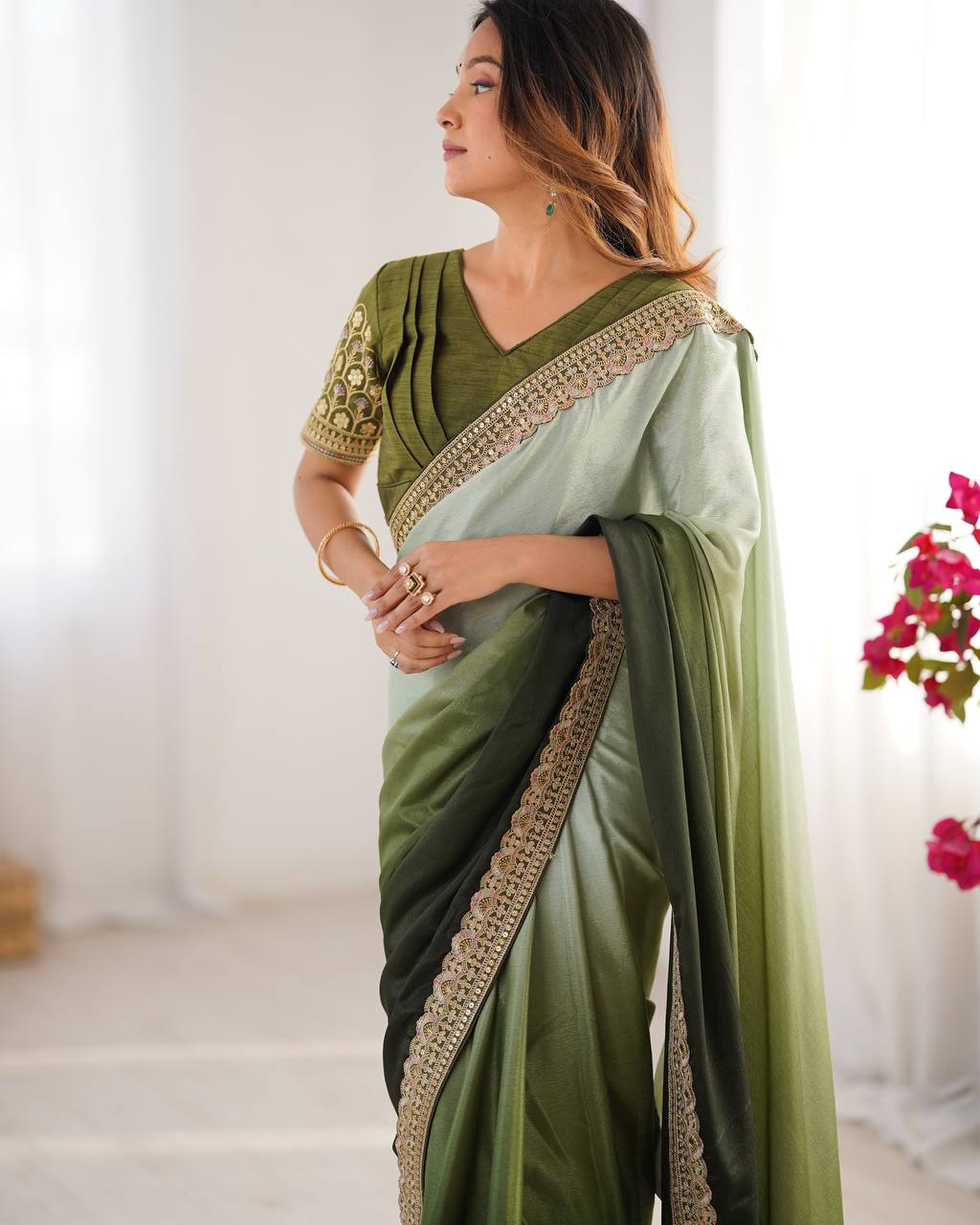 Teeya Creation Multi Color Chinnon Silk Embroidery Work Saree - Distacart