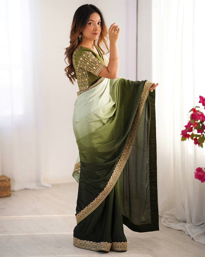 Teeya Creation Multi Color Chinnon Silk Embroidery Work Saree - Distacart